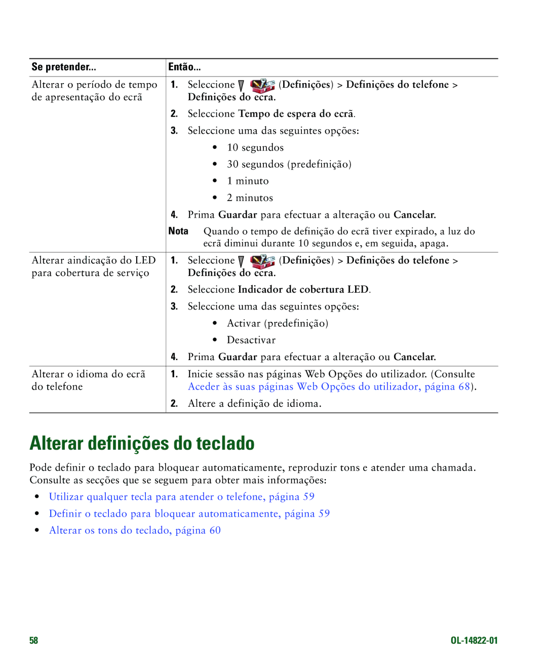 Cisco Systems 7921G manual Alterar definições do teclado, Definições do ecrã Seleccione Tempo de espera do ecrã 