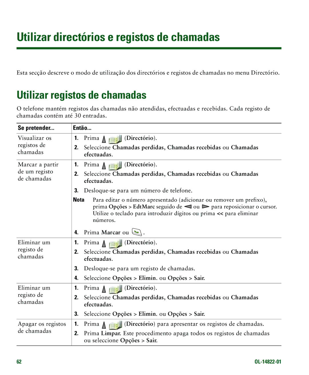 Cisco Systems 7921G manual Utilizar directórios e registos de chamadas, Utilizar registos de chamadas 