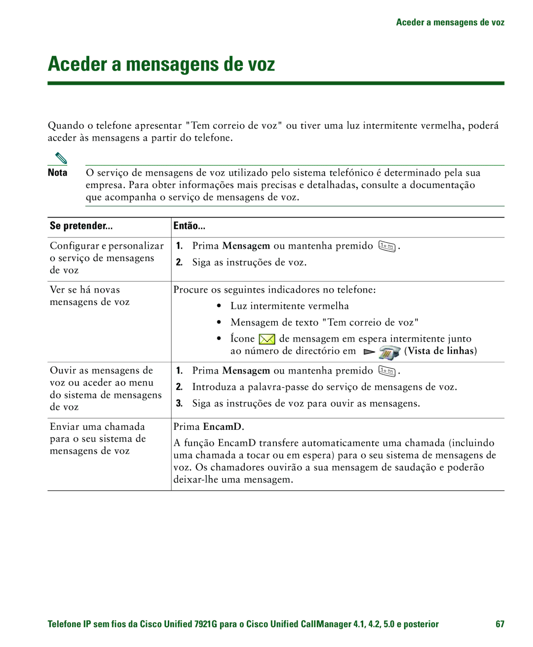 Cisco Systems 7921G manual Aceder a mensagens de voz, Se pretender 