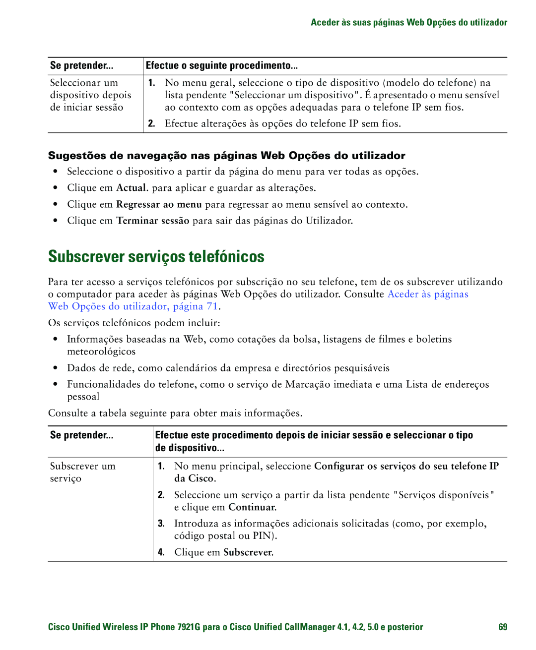 Cisco Systems 7921G Subscrever serviços telefónicos, Sugestões de navegação nas páginas Web Opções do utilizador, Da Cisco 