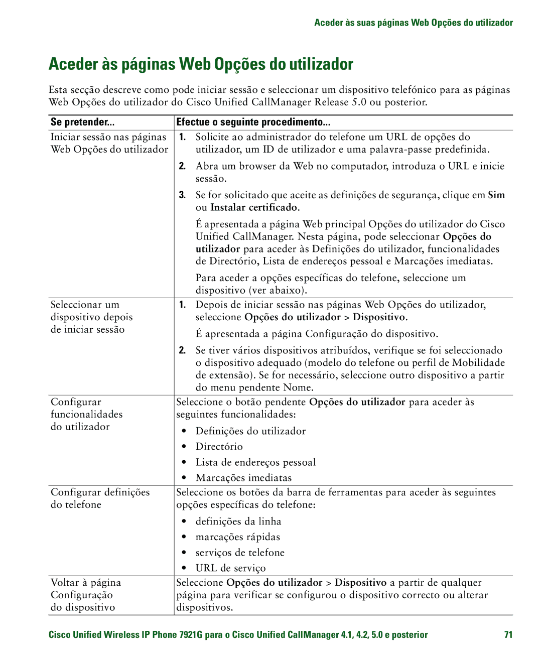 Cisco Systems 7921G manual Aceder às páginas Web Opções do utilizador, Ou Instalar certificado 