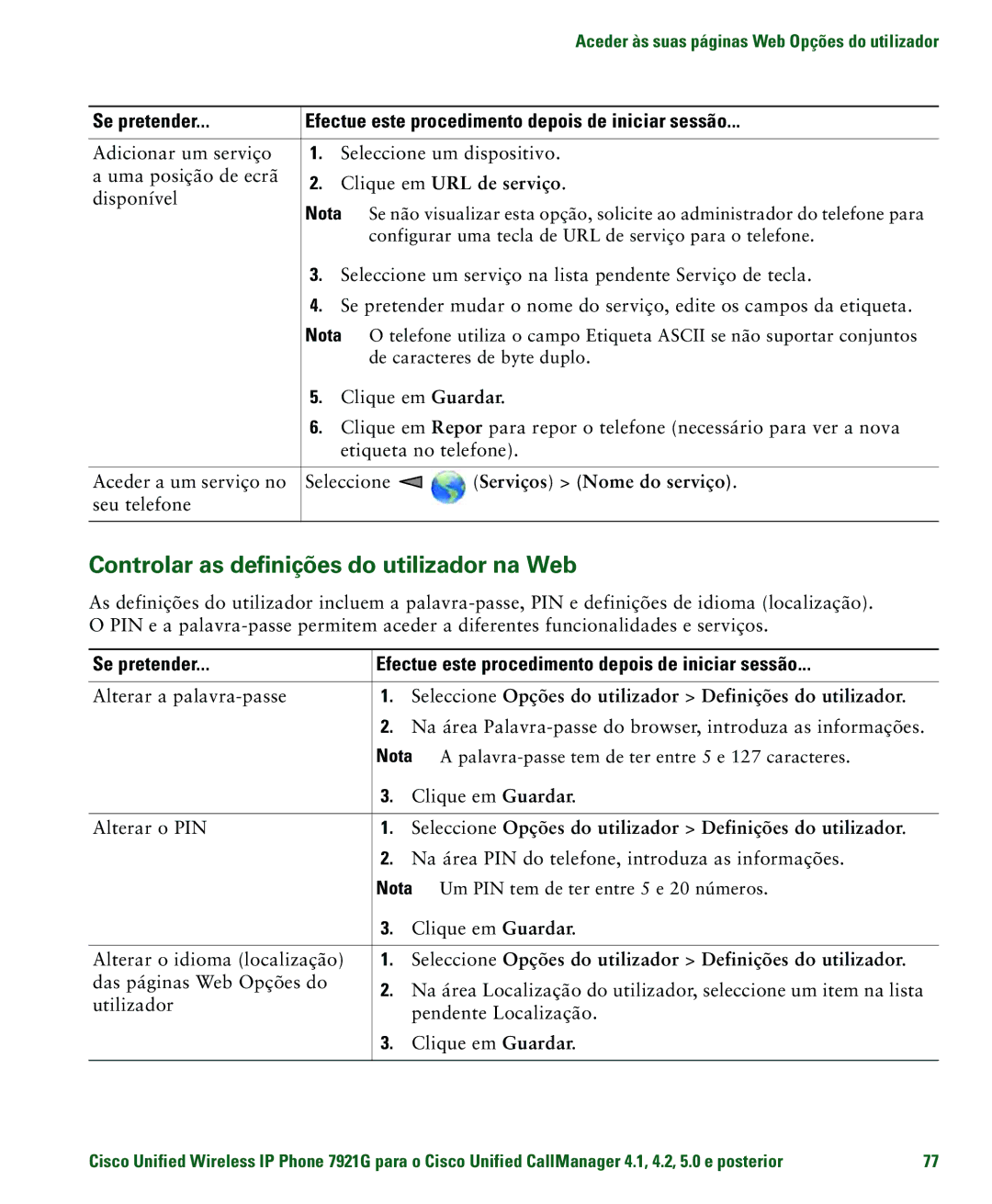 Cisco Systems 7921G manual Clique em URL de serviço, Seleccione Opções do utilizador Definições do utilizador 