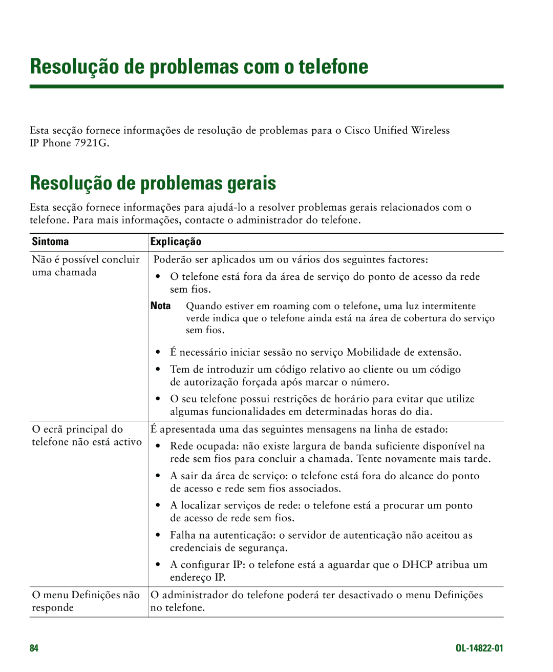 Cisco Systems 7921G manual Resolução de problemas com o telefone, Resolução de problemas gerais, Sintoma Explicação 