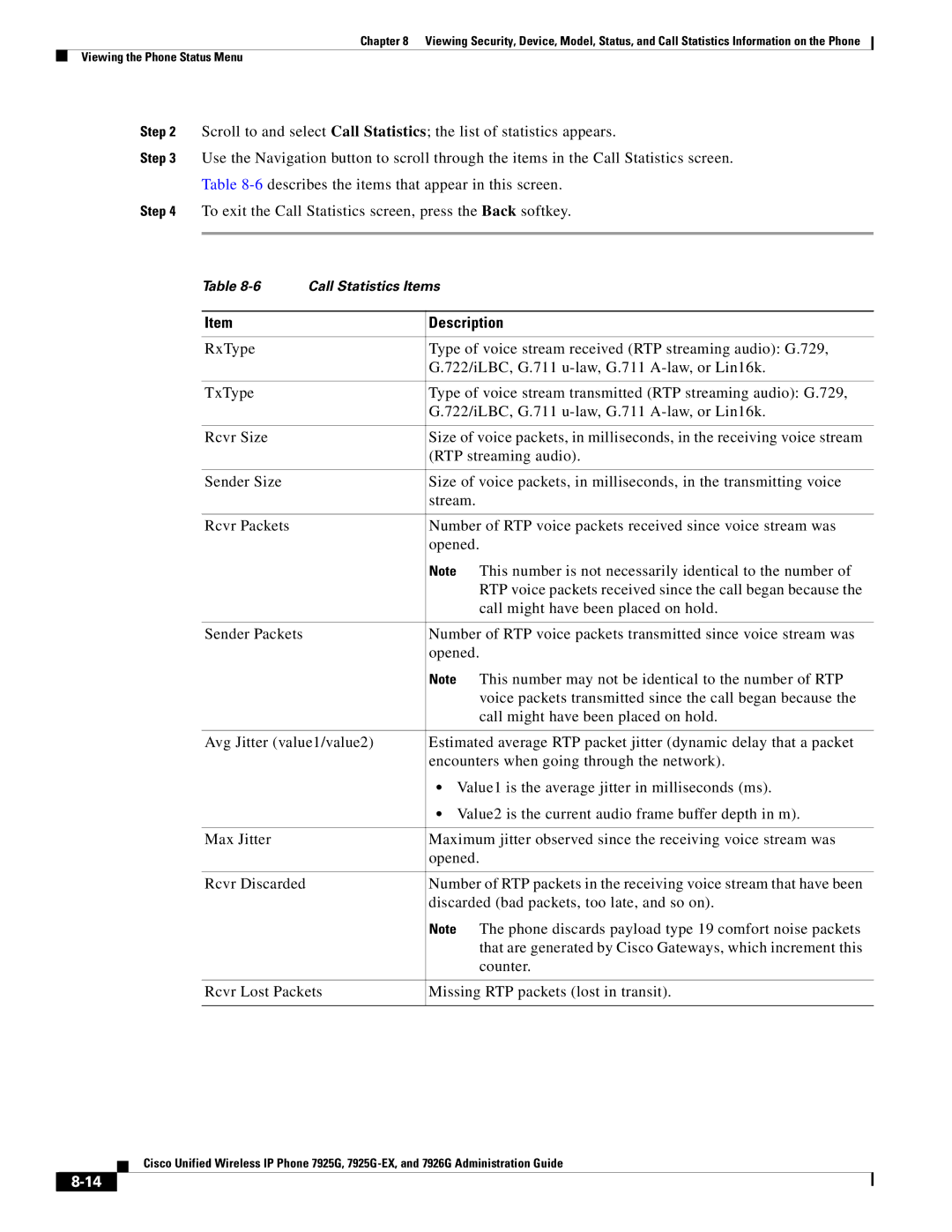 Cisco Systems 7925G-EX, 7926G manual Call Statistics Items 