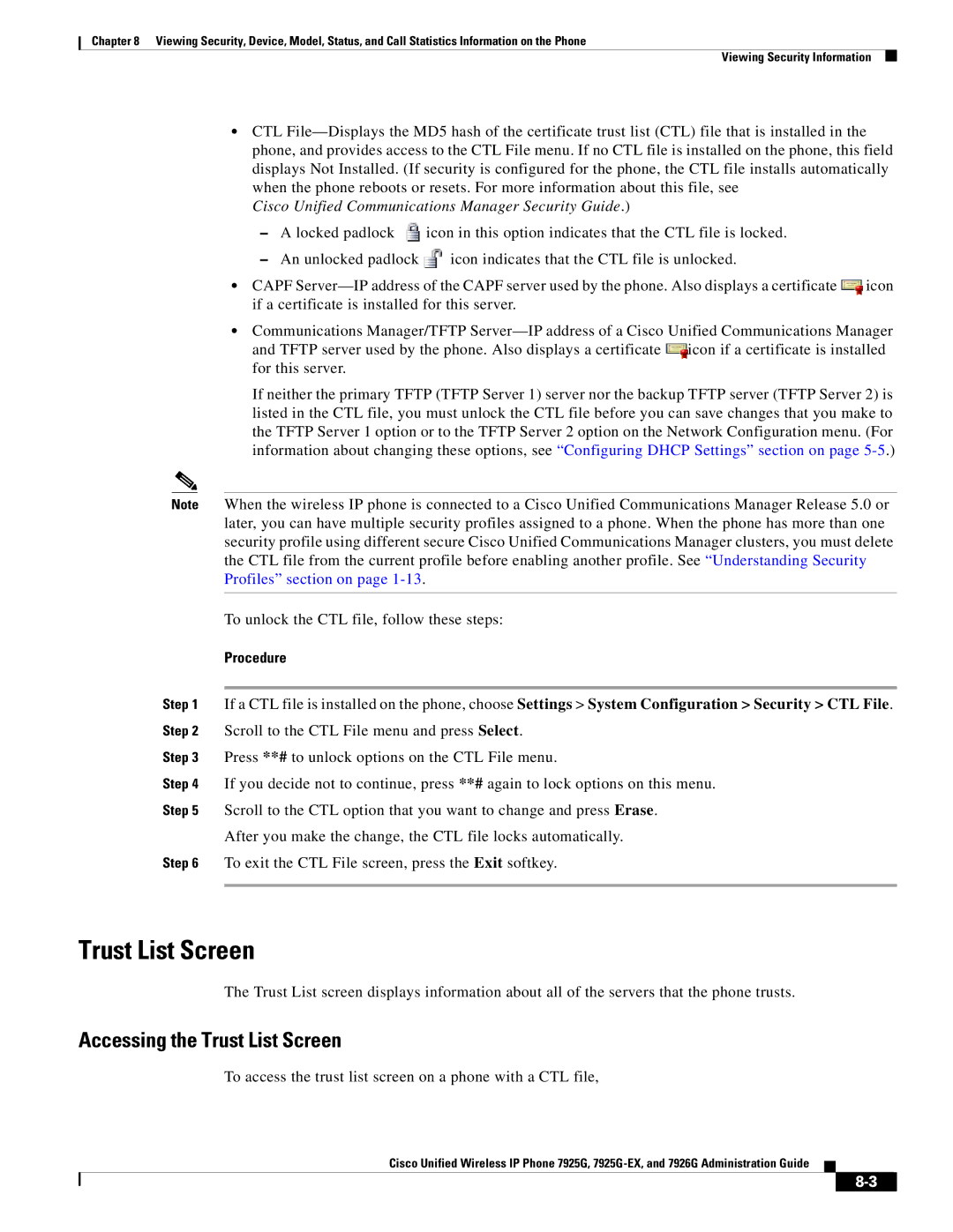 Cisco Systems 7926G, 7925G-EX manual Trust List Screen, Cisco Unified Communications Manager Security Guide 