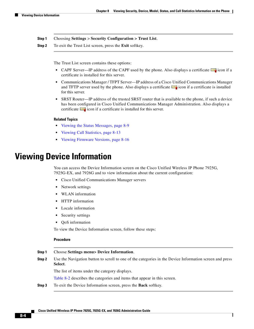 Cisco Systems 7926G, 7925G-EX manual Viewing Device Information, Choosing Settings Security Configuration Trust List 