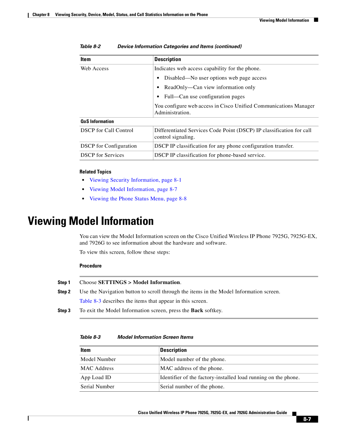 Cisco Systems 7926G, 7925G-EX manual Viewing Model Information, Choose Settings Model Information 