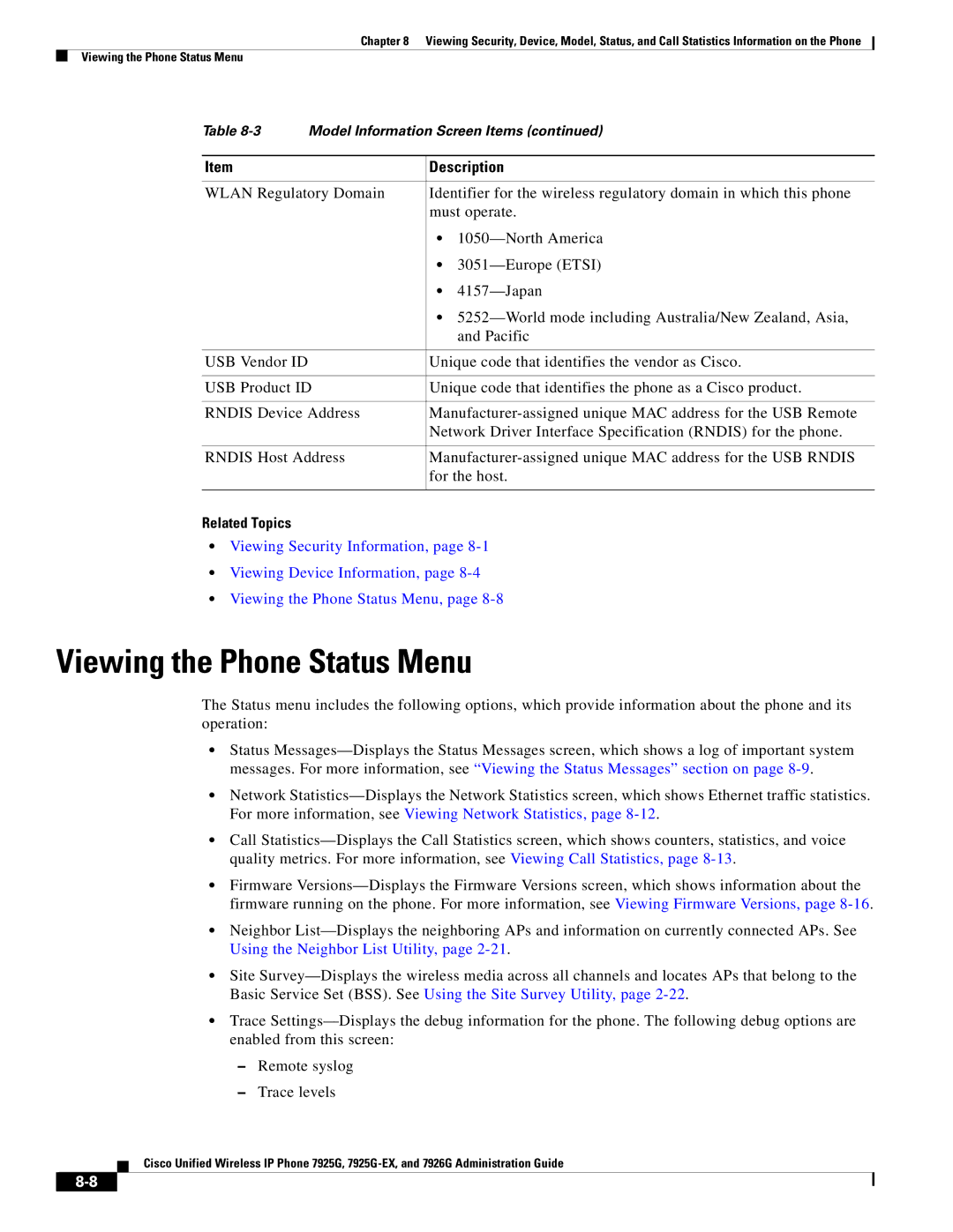 Cisco Systems 7925G-EX, 7926G manual Viewing the Phone Status Menu 