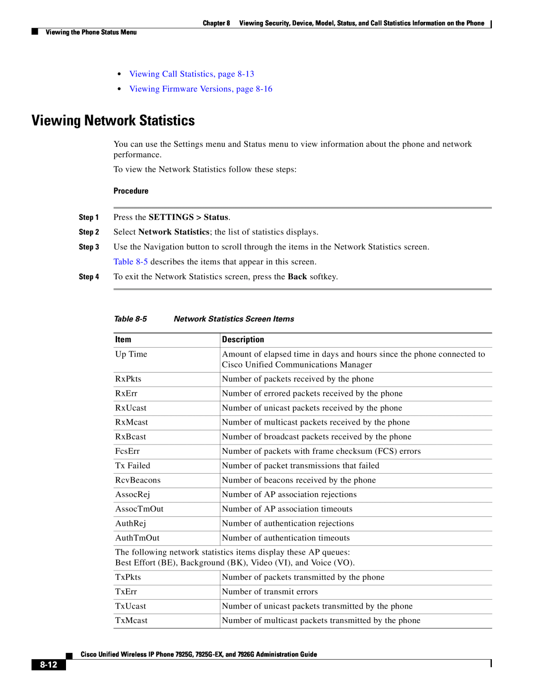 Cisco Systems 7925G, 7926G Viewing Network Statistics, Viewing Call Statistics, page Viewing Firmware Versions, page, 8-12 