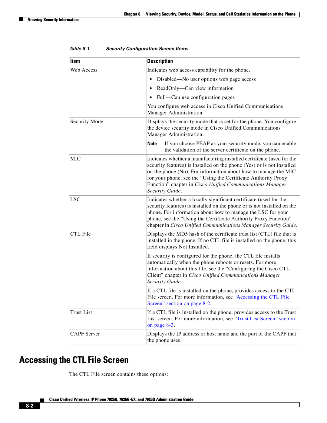 Cisco Systems 7925G-EX, 7926G manual Accessing the CTL File Screen, Description, Security Guide, Screen” section on page 
