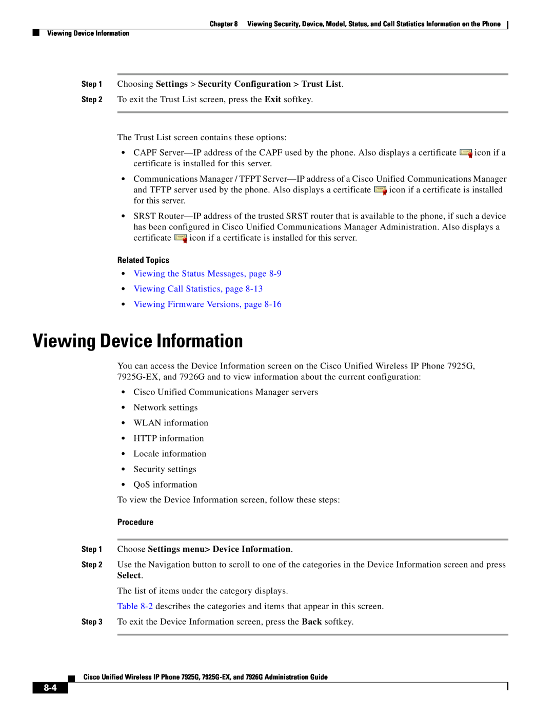 Cisco Systems 7926G, 7925G Viewing Device Information, Choosing Settings Security Configuration Trust List, Related Topics 