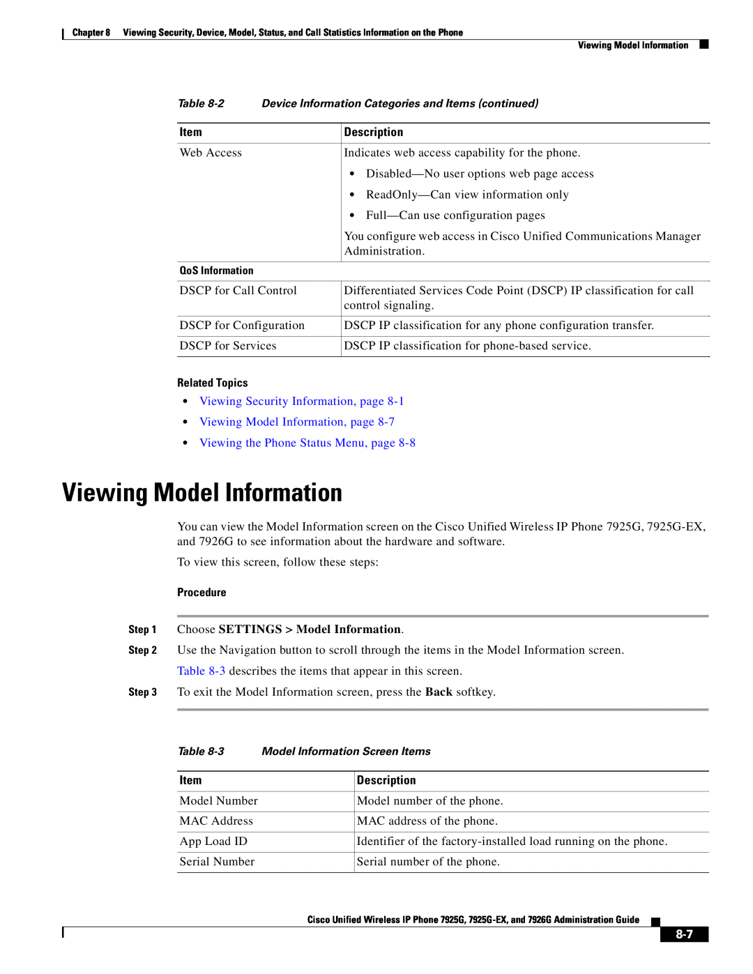 Cisco Systems 7926G Viewing Security Information, page Viewing Model Information, page, Description, Related Topics 