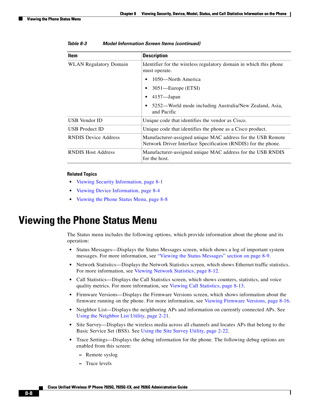 Cisco Systems 7925G-EX, 7926G manual Description, Related Topics, Viewing the Phone Status Menu, page 