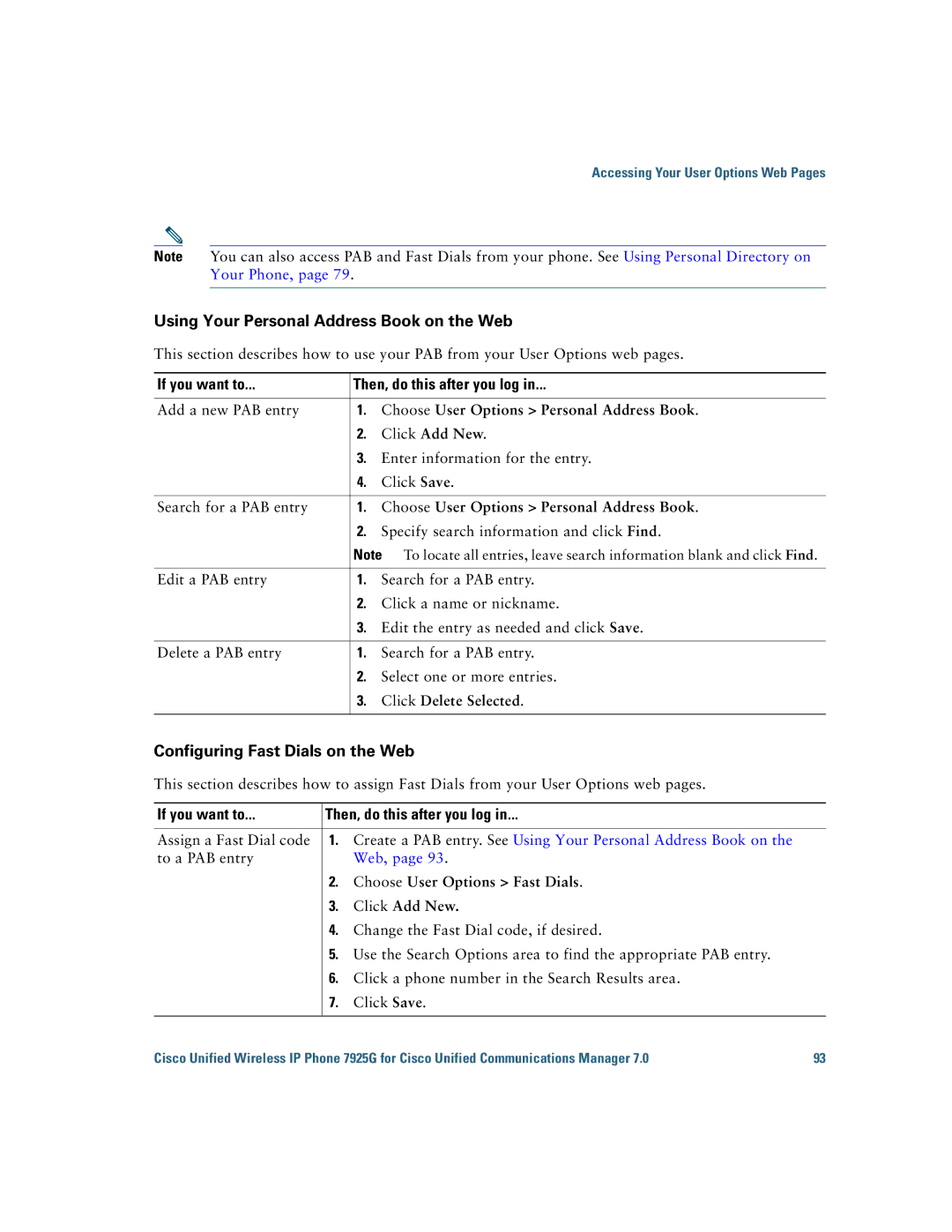 Cisco Systems 7925G manual If you want to Then, do this after you log, Choose User Options Personal Address Book 