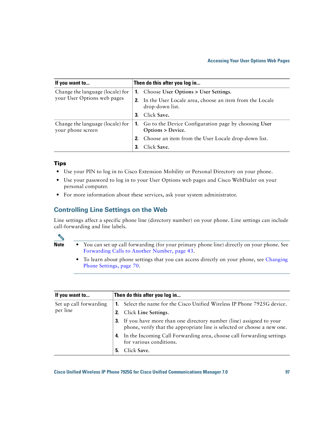 Cisco Systems 7925G manual Options Device, Forwarding Calls to Another Number, Phone Settings, Click Line Settings 