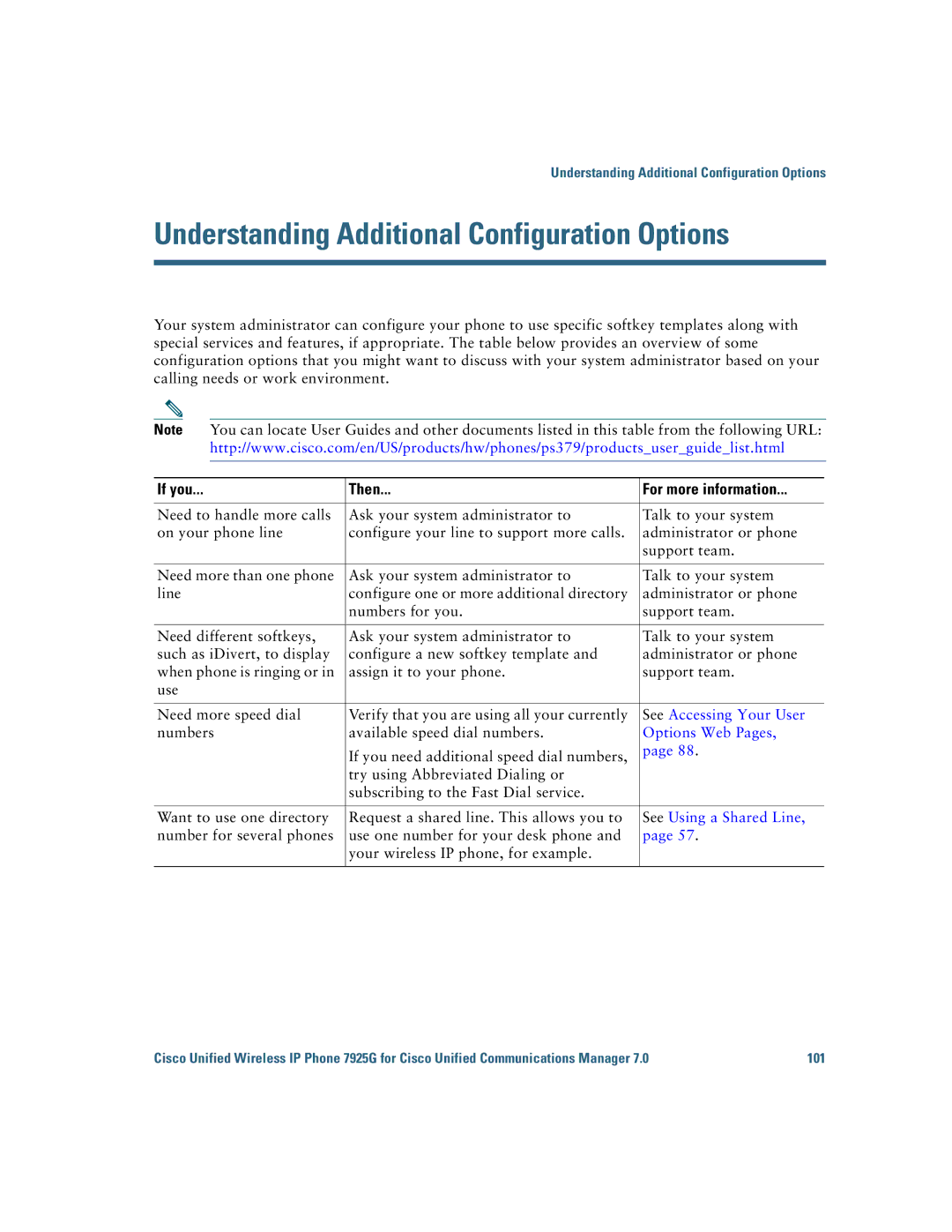 Cisco Systems 7925G Understanding Additional Configuration Options, If you Then For more information, Options Web Pages 