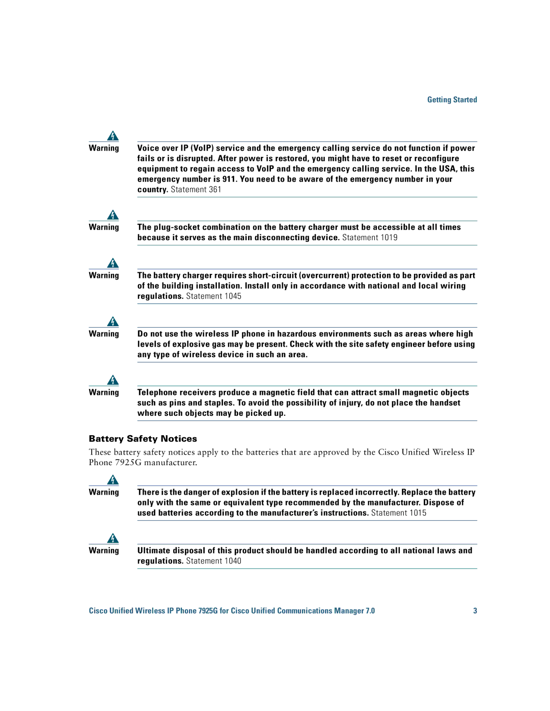 Cisco Systems 7925G manual Country. Statement, Regulations. Statement 