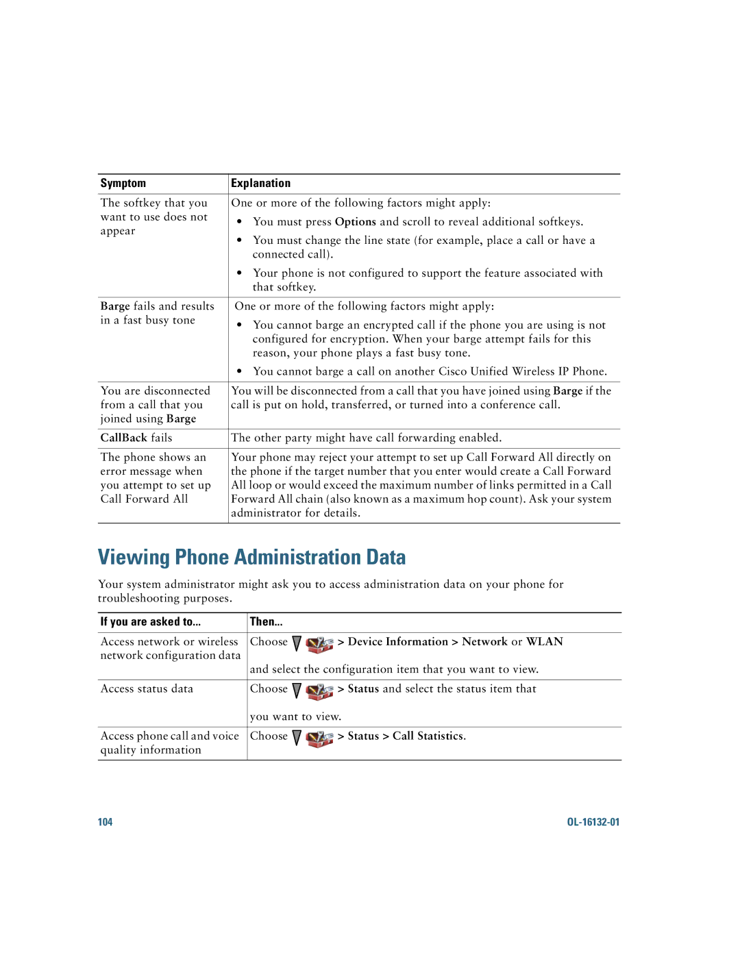 Cisco Systems 7925G Viewing Phone Administration Data, CallBack fails, If you are asked to Then, Status Call Statistics 