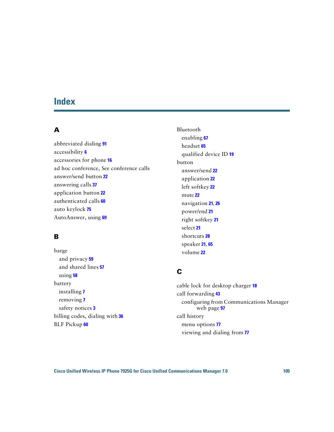 Cisco Systems 7925G manual Index 