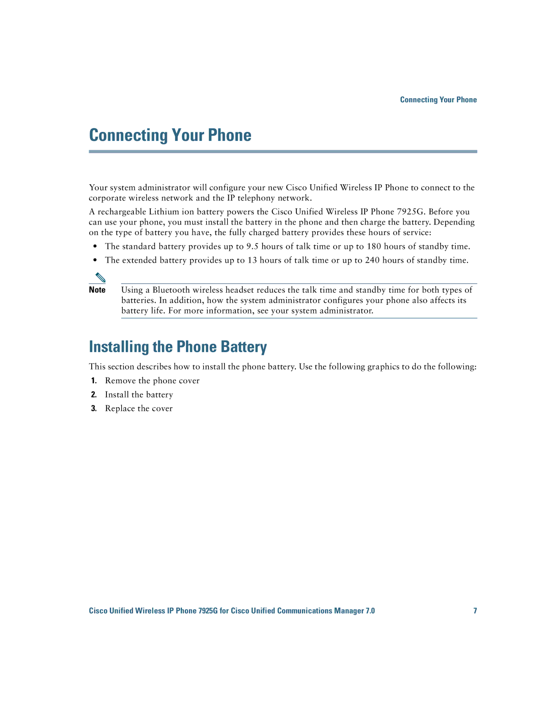 Cisco Systems 7925G manual Connecting Your Phone, Installing the Phone Battery 