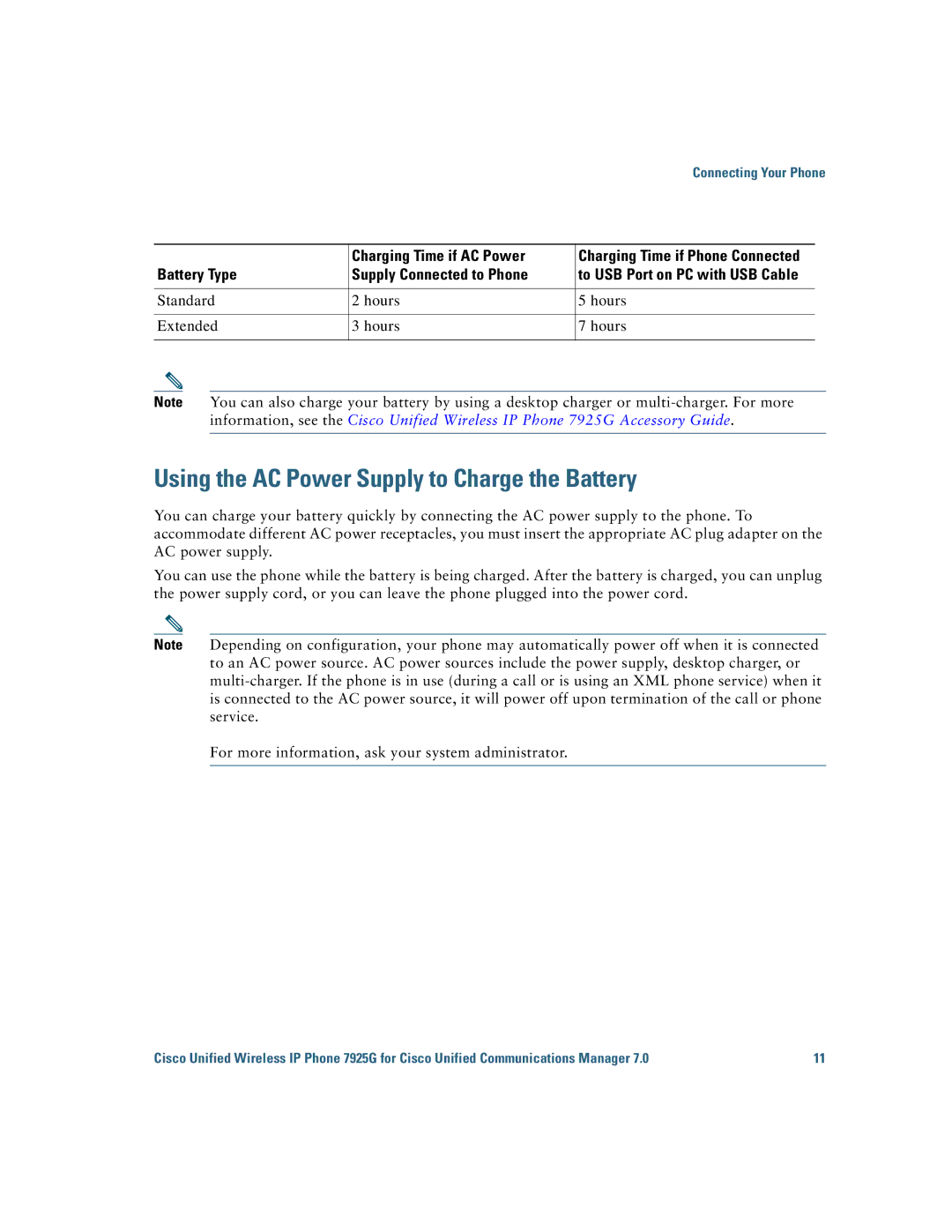 Cisco Systems 7925G manual Using the AC Power Supply to Charge the Battery, Charging Time if AC Power 