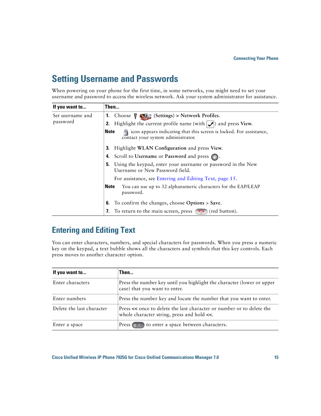 Cisco Systems 7925G manual Setting Username and Passwords, Entering and Editing Text, Settings Network Profiles 