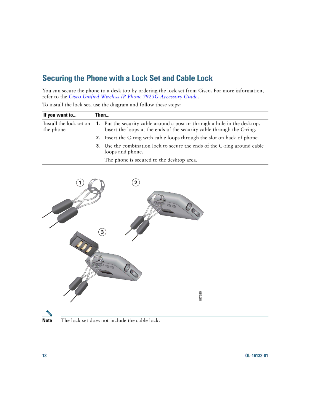 Cisco Systems 7925G manual Securing the Phone with a Lock Set and Cable Lock 