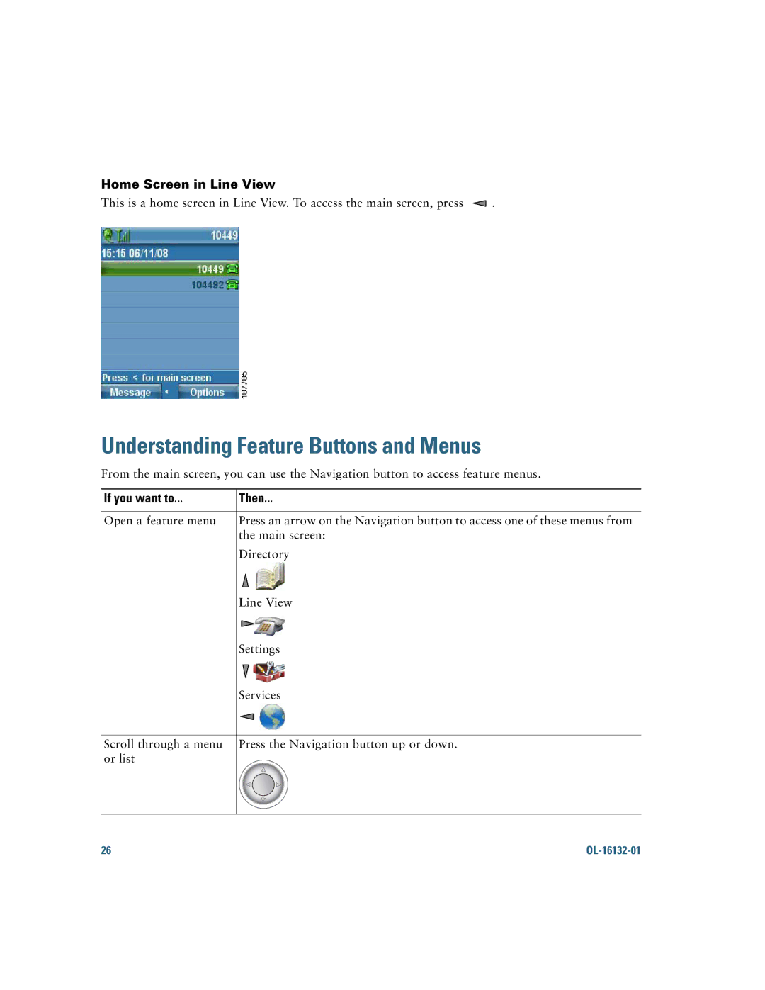 Cisco Systems 7925G manual Understanding Feature Buttons and Menus, Home Screen in Line View 