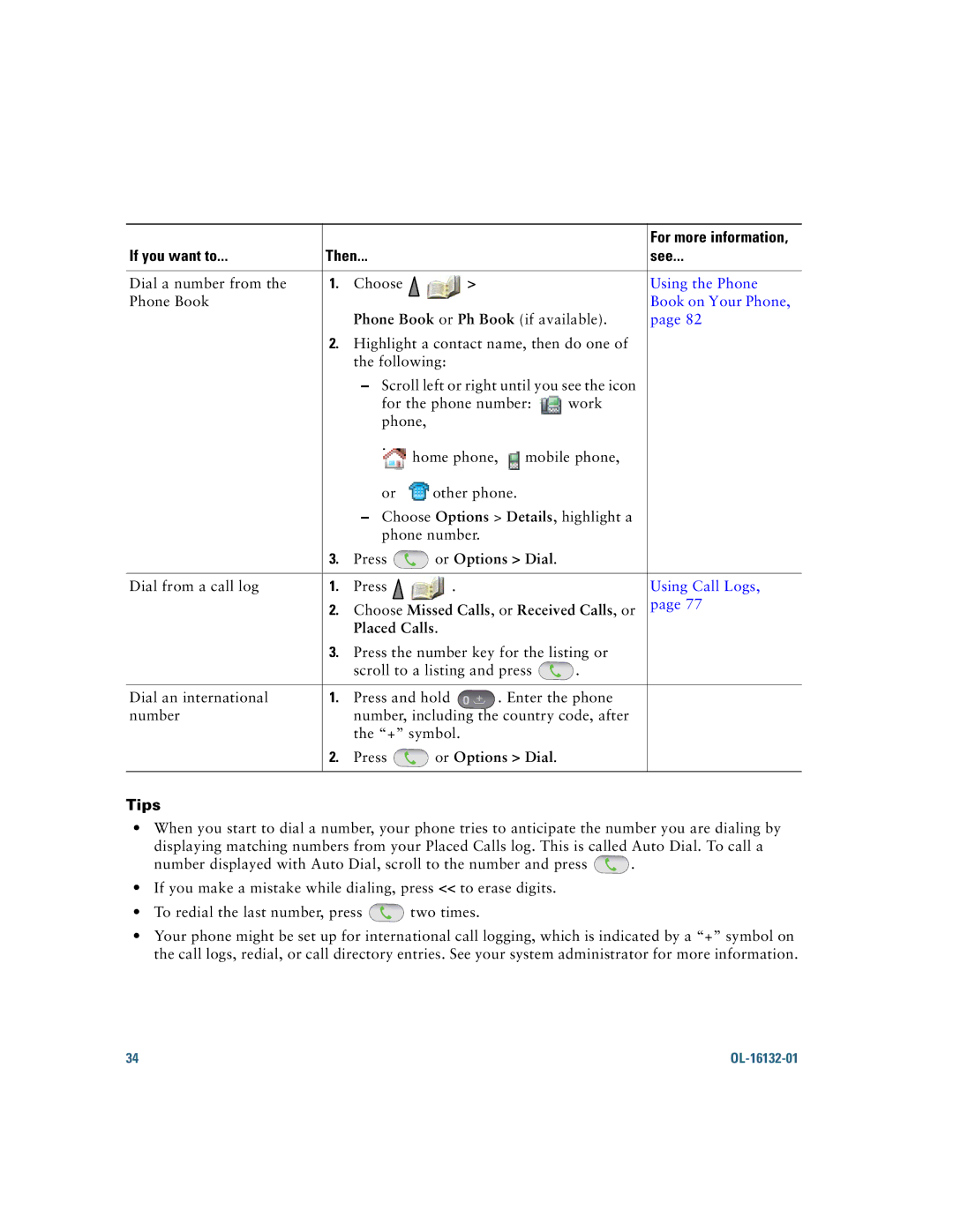 Cisco Systems 7925G manual Phone Book or Ph Book if available, Press or Options Dial, Or Options Dial, Tips 