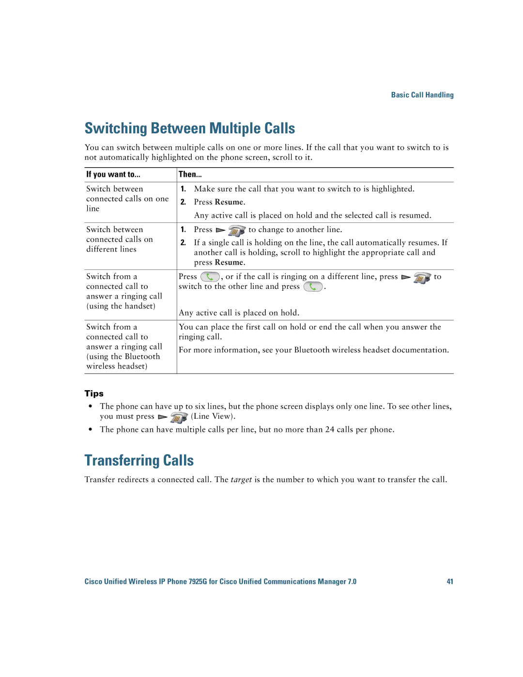 Cisco Systems 7925G manual Switching Between Multiple Calls, Transferring Calls 