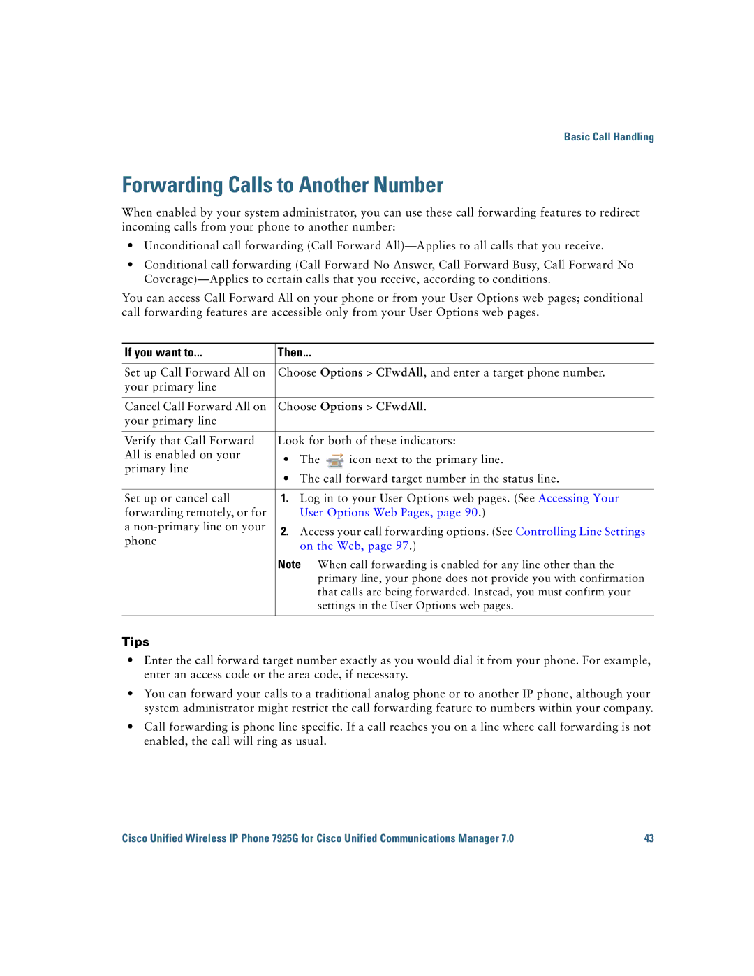 Cisco Systems 7925G manual Forwarding Calls to Another Number, Choose Options CFwdAll, User Options Web Pages, On the Web 