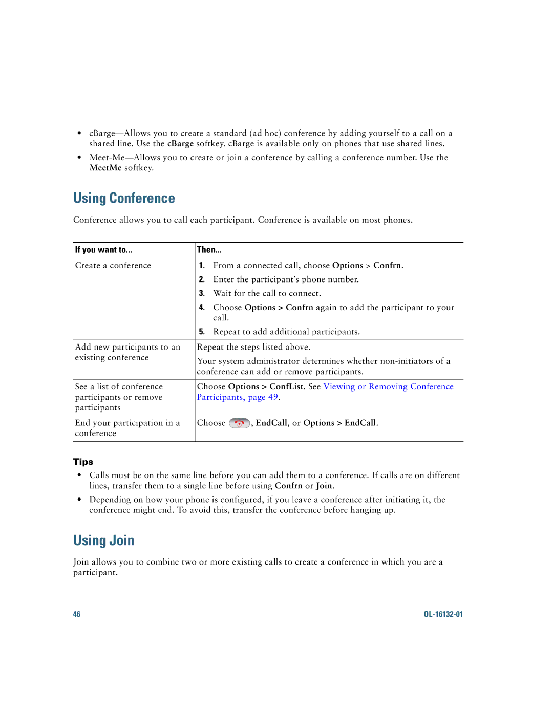 Cisco Systems 7925G manual Using Conference, Using Join, Choose Options ConfList. See Viewing or Removing Conference 