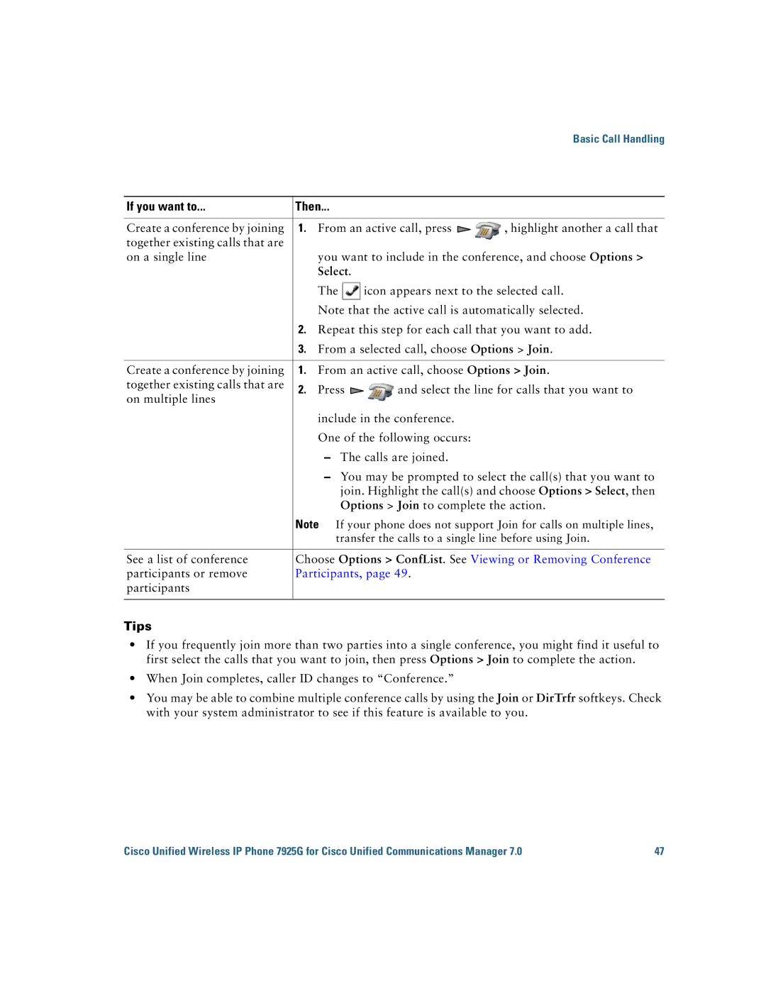 Cisco Systems 7925G manual Select, Choose Options ConfList . See Viewing or Removing Conference 