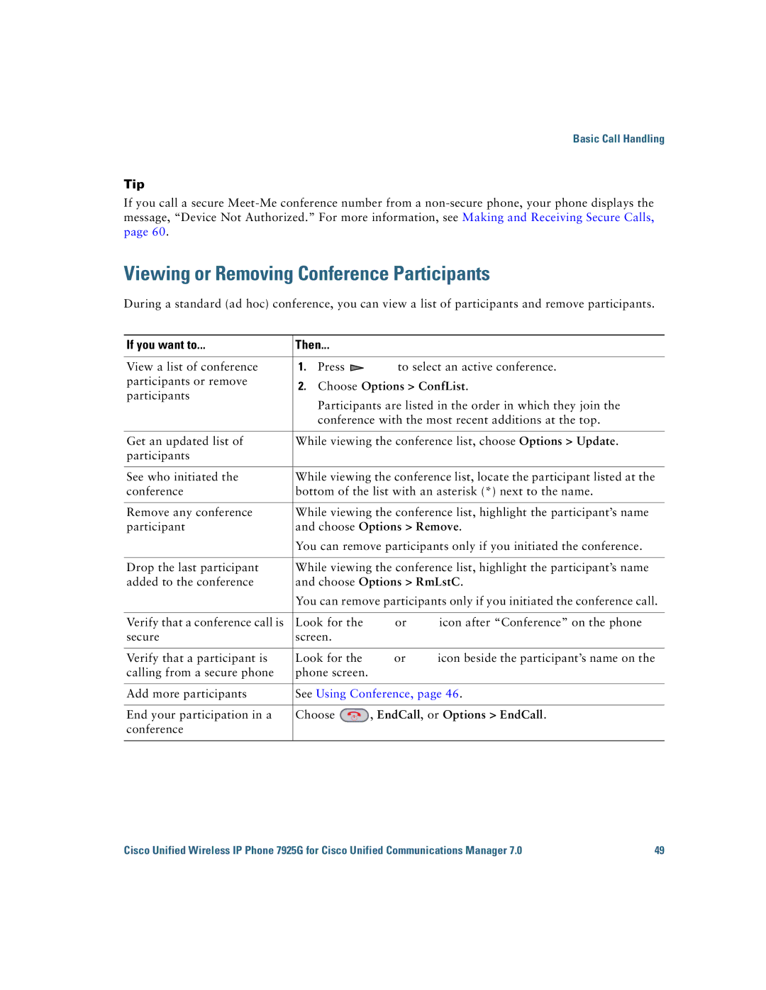 Cisco Systems 7925G manual Viewing or Removing Conference Participants, Choose Options ConfList, Choose Options Remove 