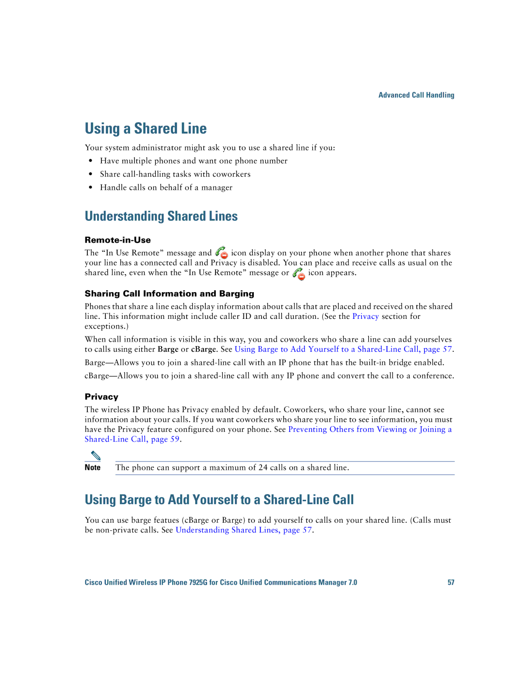 Cisco Systems 7925G Using a Shared Line, Understanding Shared Lines, Using Barge to Add Yourself to a Shared-Line Call 