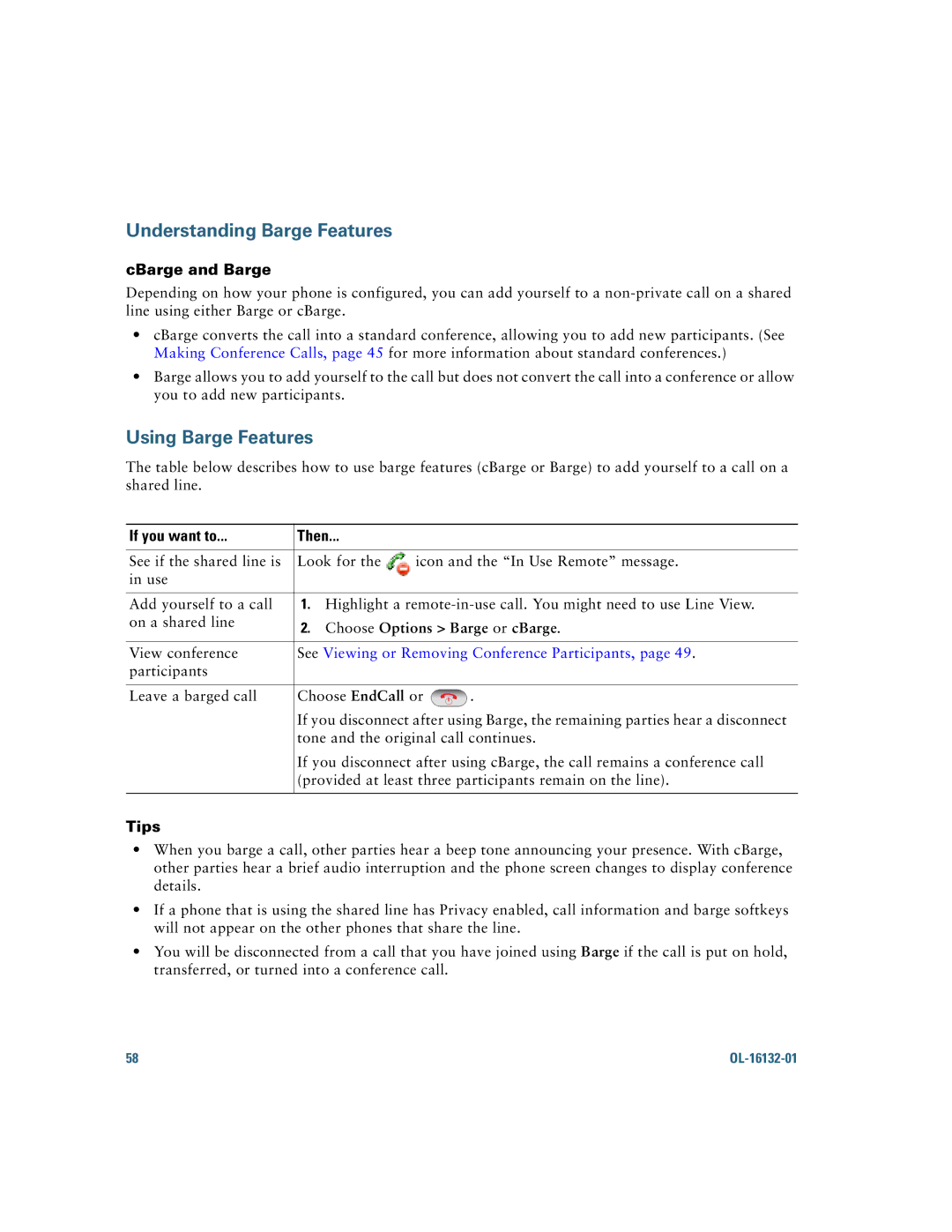 Cisco Systems 7925G CBarge and Barge, Choose Options Barge or cBarge, See Viewing or Removing Conference Participants 