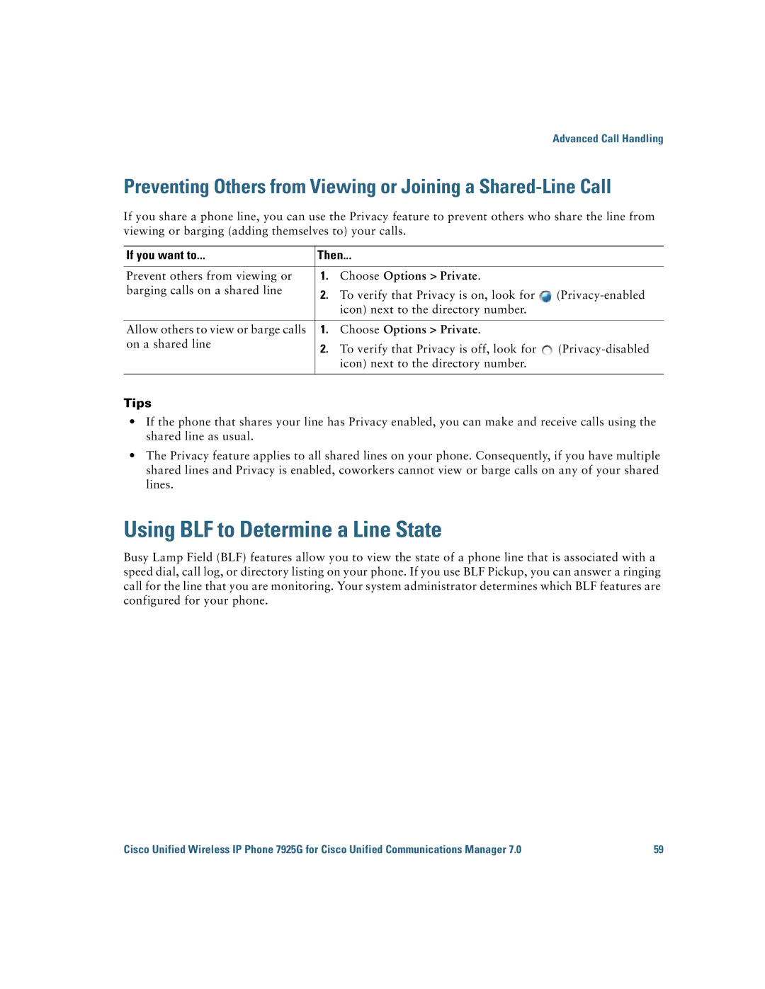 Cisco Systems 7925G manual Using BLF to Determine a Line State, Choose Options Private 