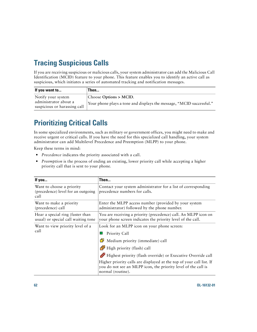 Cisco Systems 7925G manual Tracing Suspicious Calls, Prioritizing Critical Calls, Choose Options Mcid, If you Then 