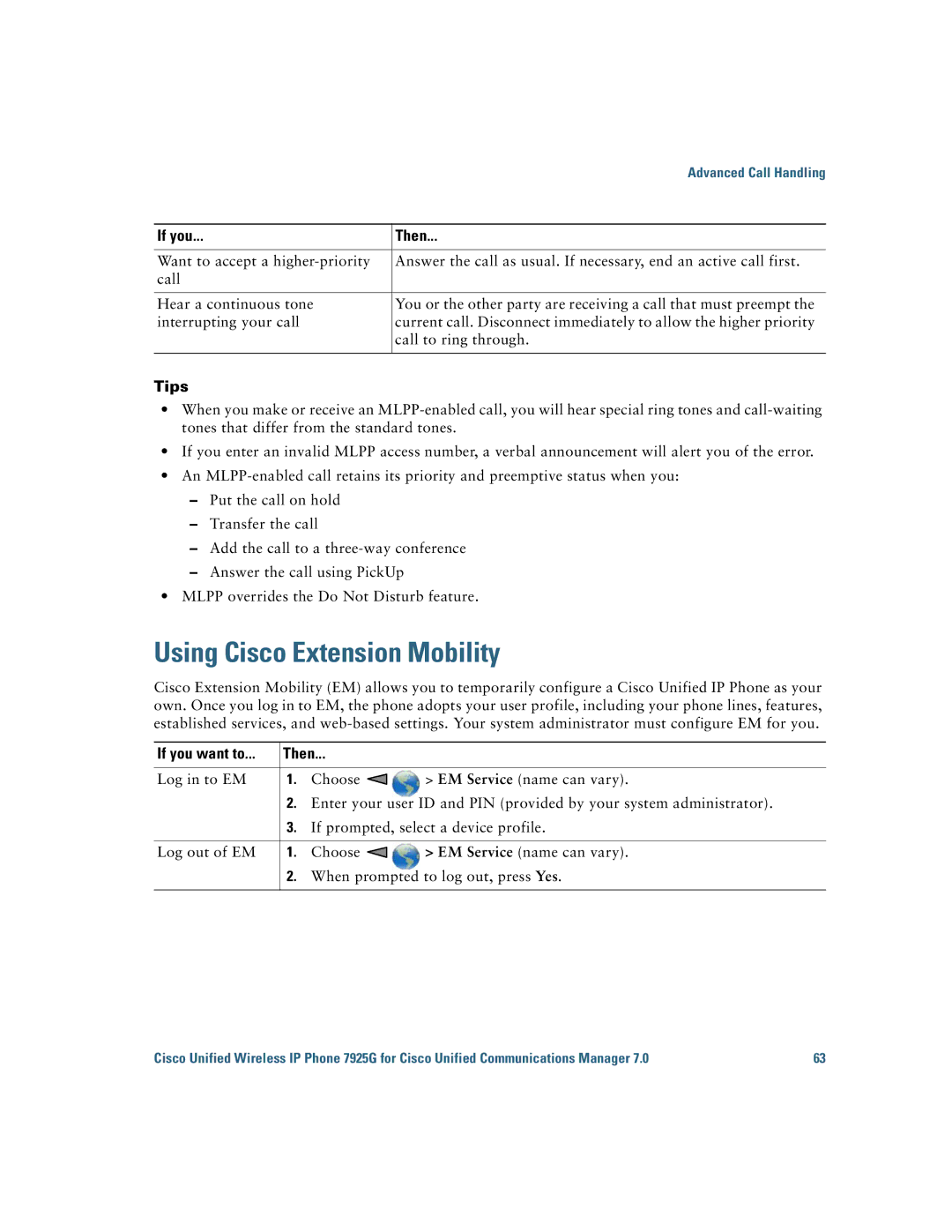 Cisco Systems 7925G manual Using Cisco Extension Mobility, Tips 