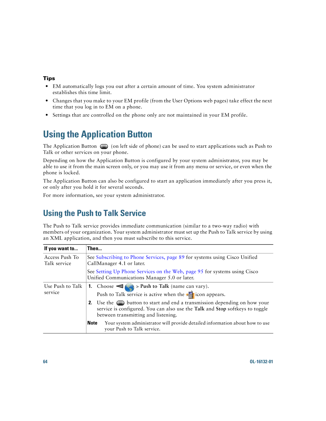 Cisco Systems 7925G manual Using the Application Button, Using the Push to Talk Service 