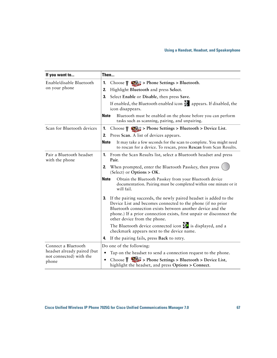 Cisco Systems 7925G manual Pair, Phone Settings Bluetooth Device List 