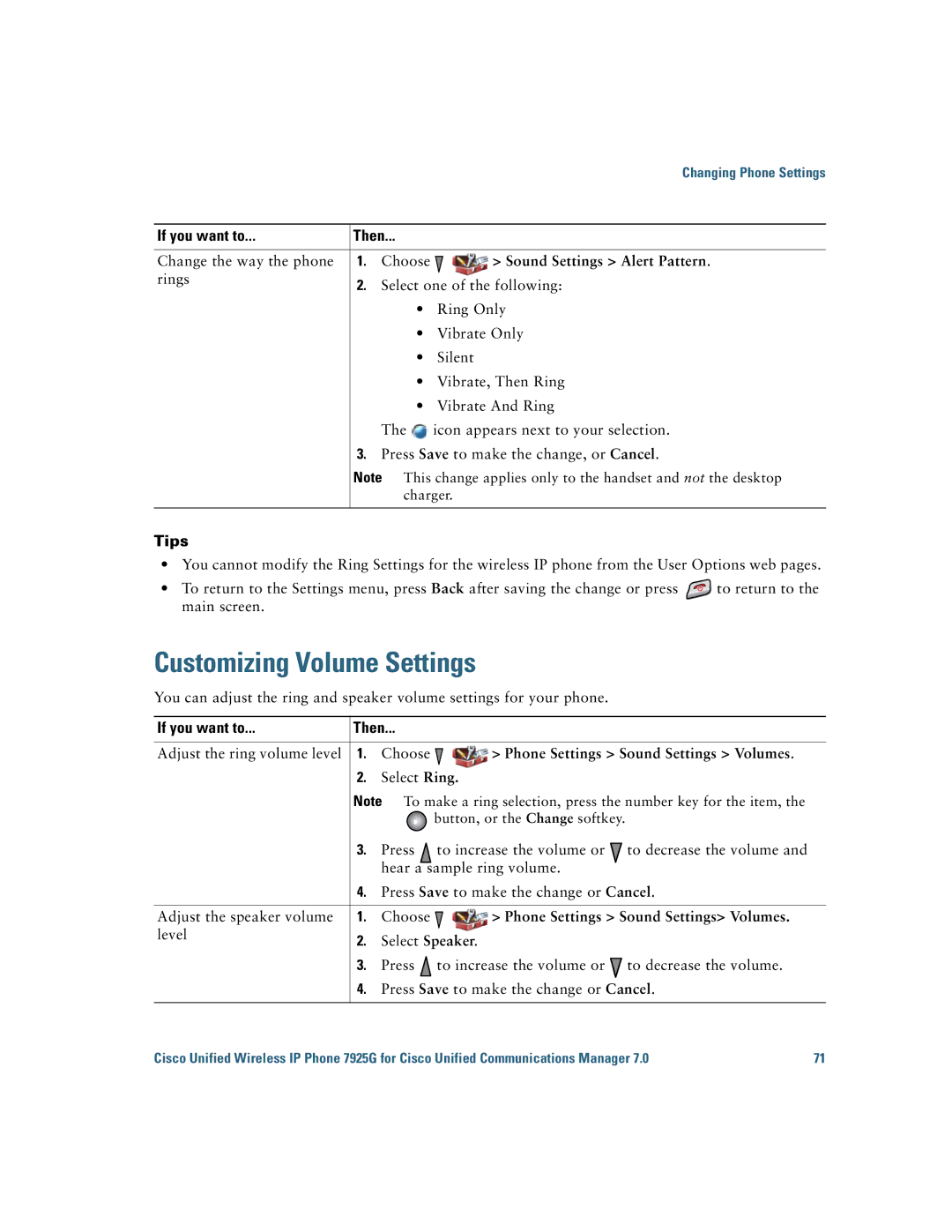 Cisco Systems 7925G manual Customizing Volume Settings, Sound Settings Alert Pattern, Phone Settings Sound Settings Volumes 