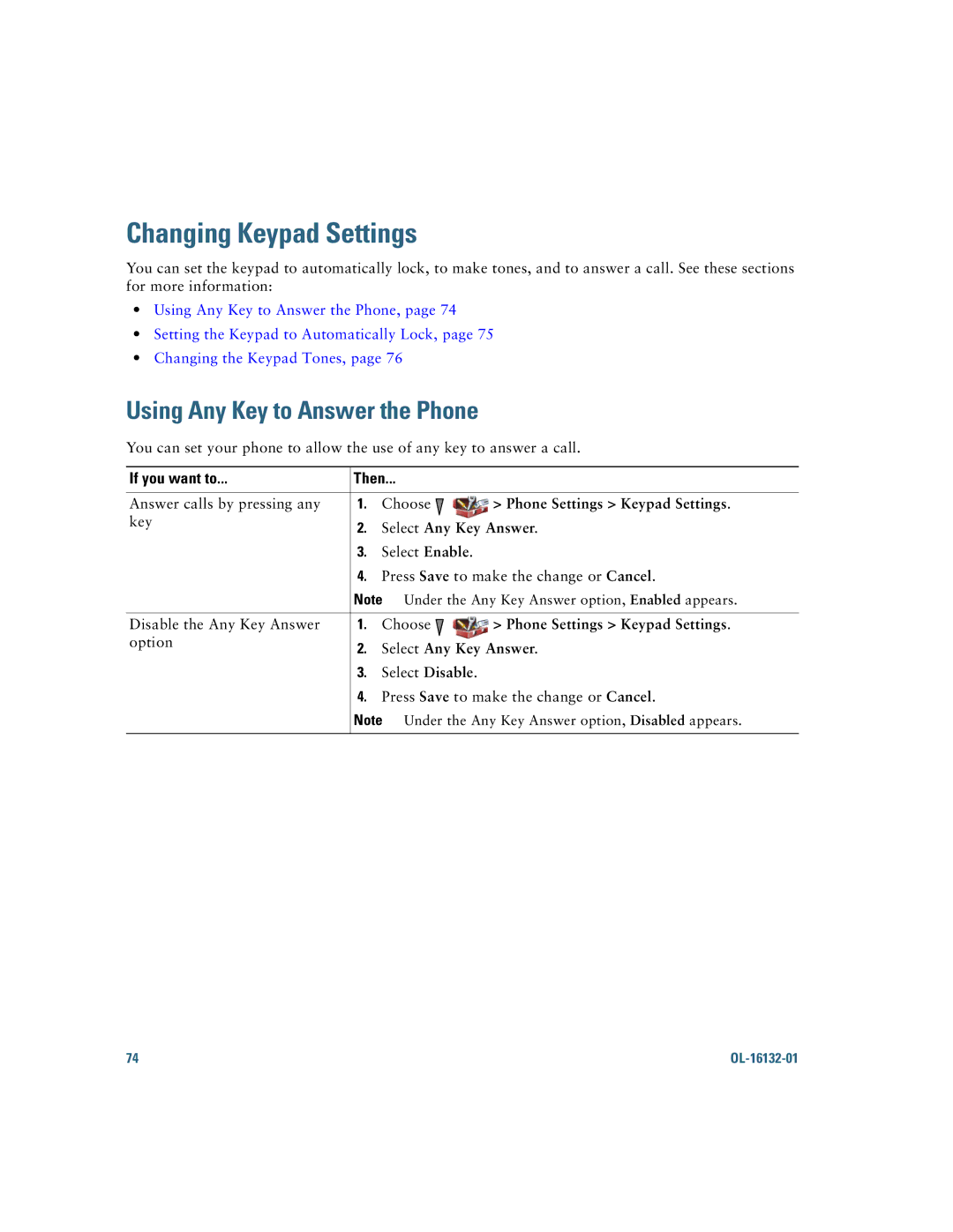 Cisco Systems 7925G manual Changing Keypad Settings, Using Any Key to Answer the Phone, Phone Settings Keypad Settings 