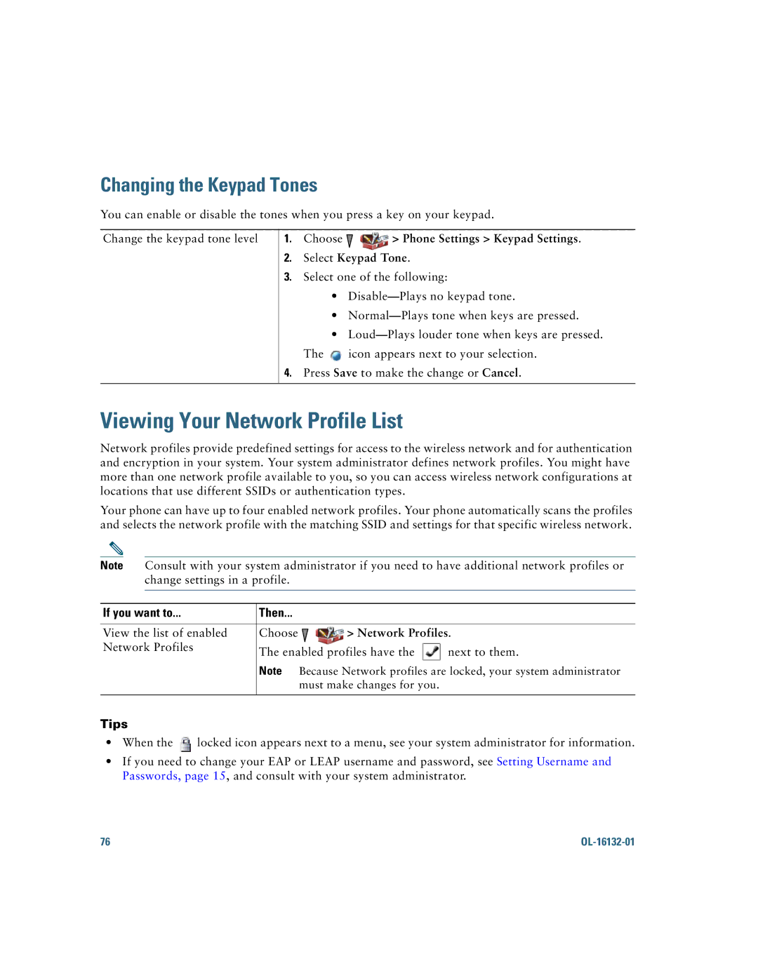 Cisco Systems 7925G manual Viewing Your Network Profile List, Changing the Keypad Tones, Network Profiles 