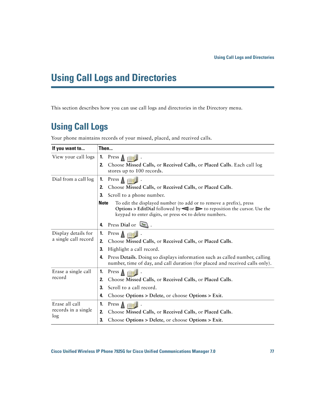 Cisco Systems 7925G manual Using Call Logs and Directories, Choose Missed Calls , or Received Calls , or Placed Calls 