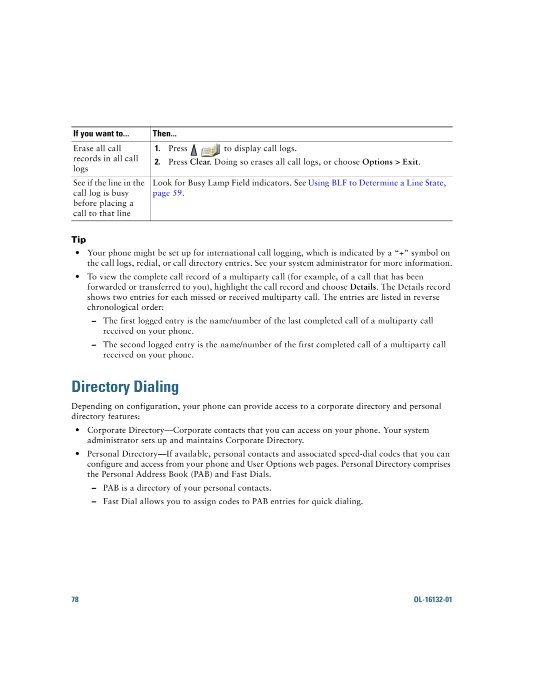 Cisco Systems 7925G manual Directory Dialing, Tip 