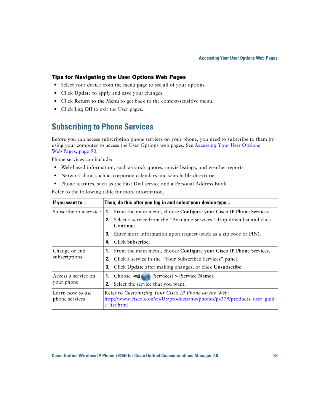 Cisco Systems 7925G manual Subscribing to Phone Services, Tips for Navigating the User Options Web Pages, Continue 