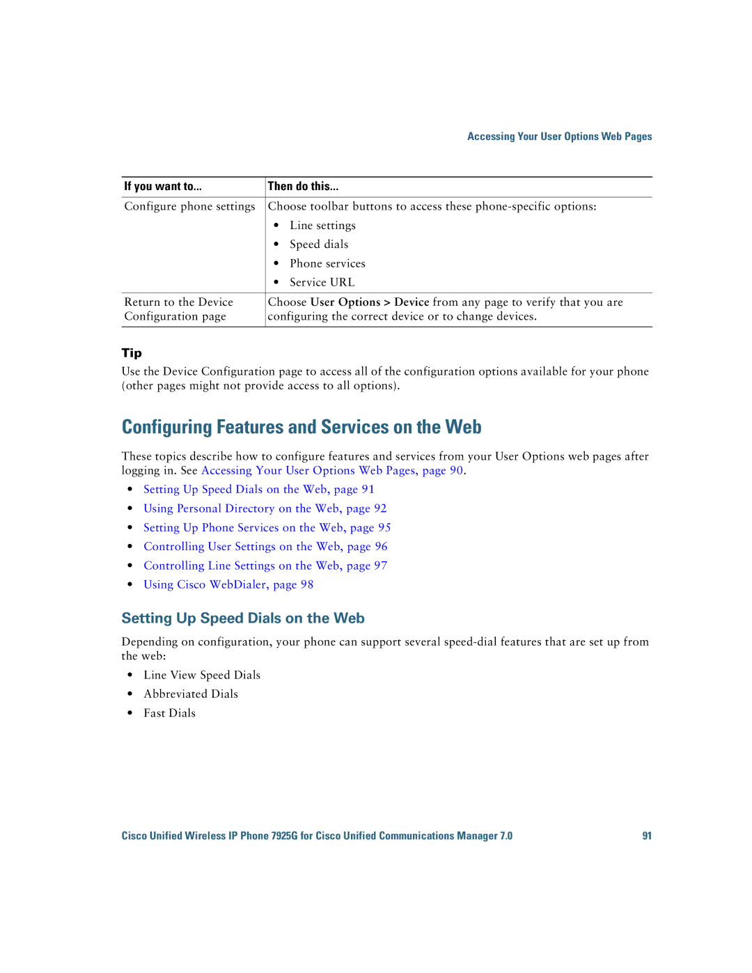 Cisco Systems 7925G manual Configuring Features and Services on the Web, Setting Up Speed Dials on the Web 