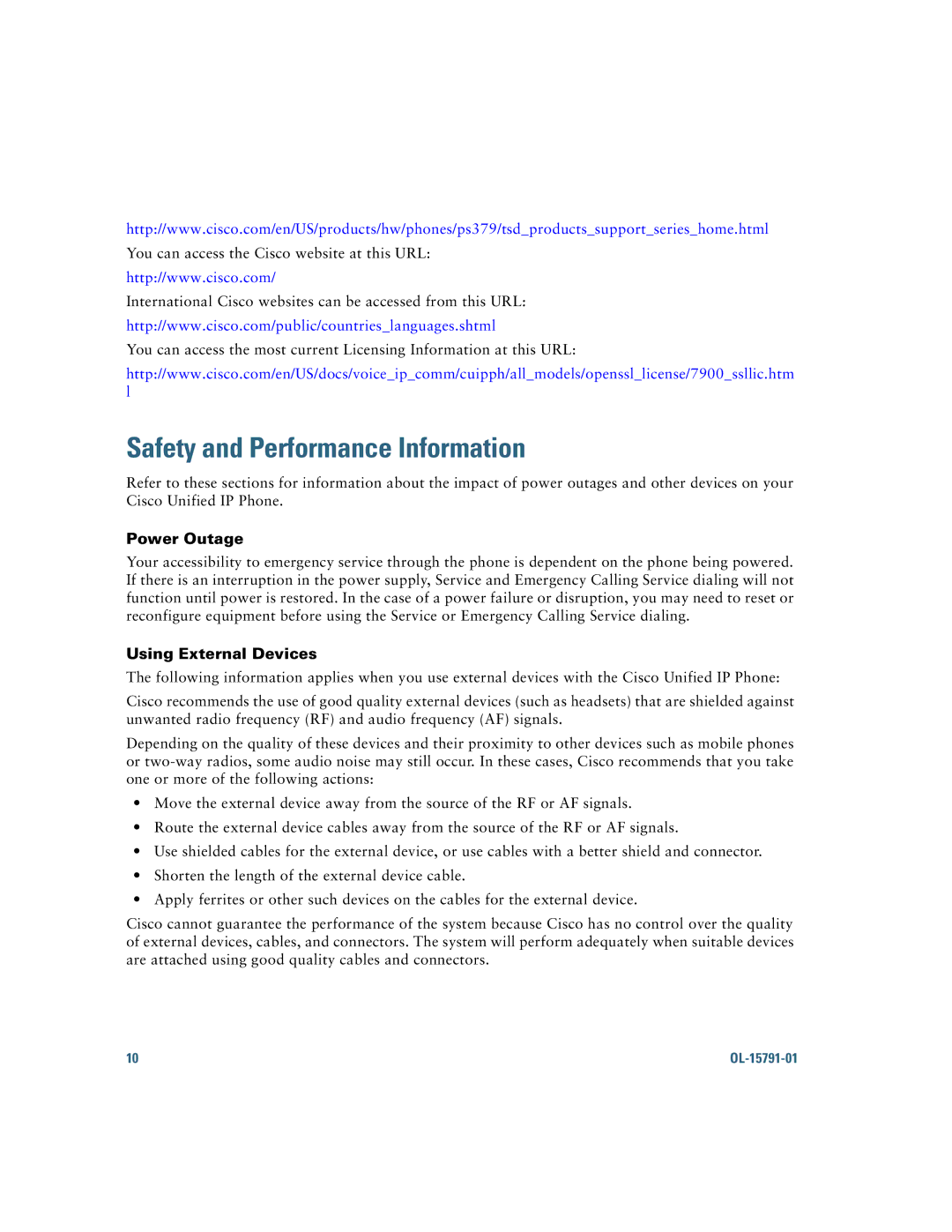 Cisco Systems 7931G manual Safety and Performance Information, Power Outage, Using External Devices 