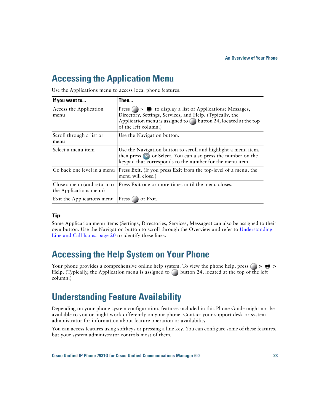 Cisco Systems 7931G manual Accessing the Application Menu, Accessing the Help System on Your Phone 